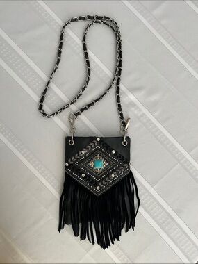Black Fringe Crossbody Bag with Turquoise Accent and Stud Detailing